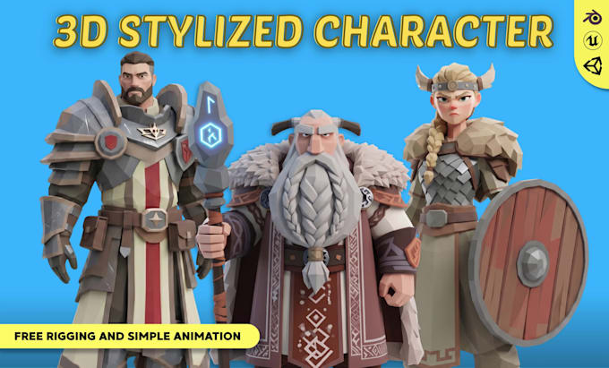 design stylized 3d character models with rigging for unity, unreal engine, games
