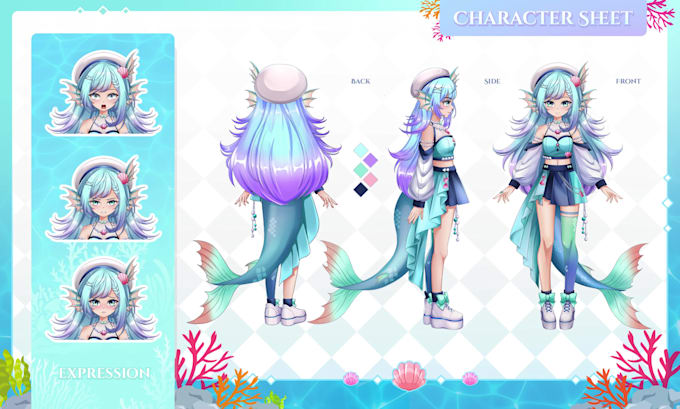 draw character sheet in anime style for vtuber model and concept art