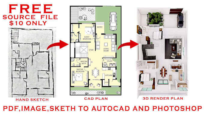 redraw PDF to cad, draw floor plan in autocad, 3d floor plan and render