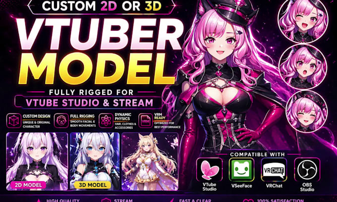 create a custom 2d 3d vtuber model live2d vrm fully rigged and stream ready