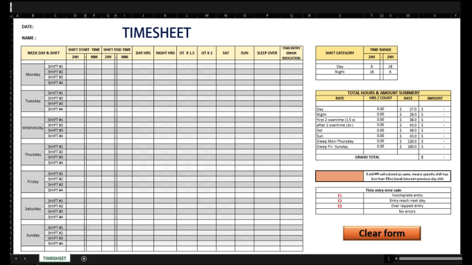 Creating a time-sheet calculating multiple clock-ins : r/excel