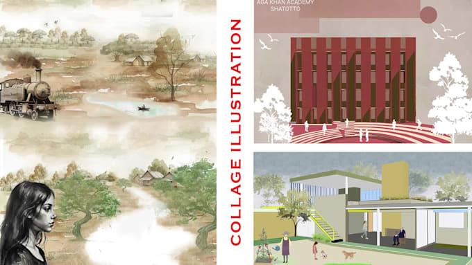 create architectural collages, presentation sheets, illustrations in photoshop