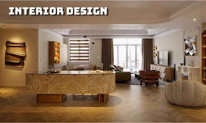design modern living room and kitchen 3d rendering