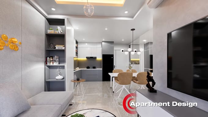 render 3d interior design for apartment, kitchen, and bathroom