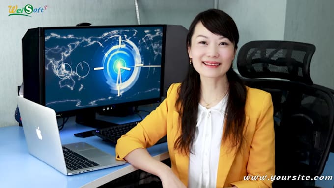 make a chinese female spokesperson video in real office background