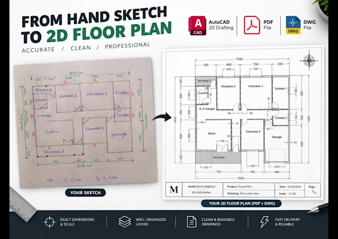 convert your sketch to 2d autocad floor plan dwg and pdf
