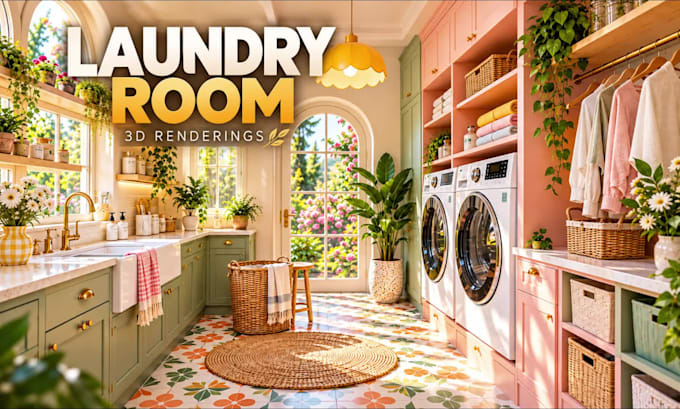 design laundry room interior, modern utility space and realistic 3d render