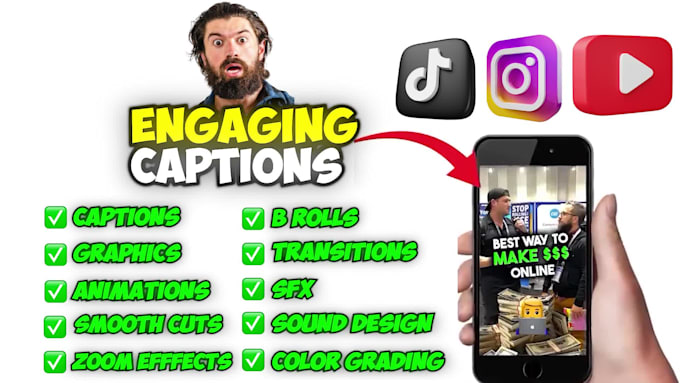 edit reels, tiktok, shorts with engaging captions like alex hormozi