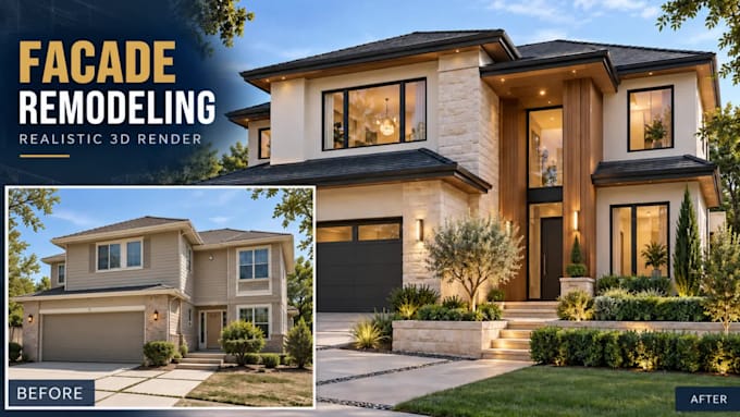 create a realistic 3d exterior rendering for your house facade remodeling