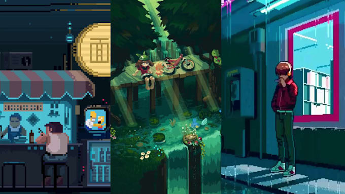 do 2d retro 8bit 16bit pixel art lofi animations and loop gif for streams