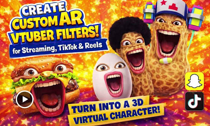 do custom 3d ar vtuber avater filter, peanut stlye, snap camera and lens studio