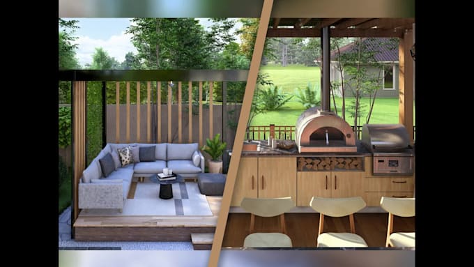 render 3d pool, patio, pergola, gazebo cabana, pavilion, outdoor kitchen BBQ bar
