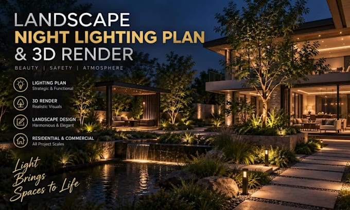 do 3d landscape night lighting plan and render for outdoor garden design