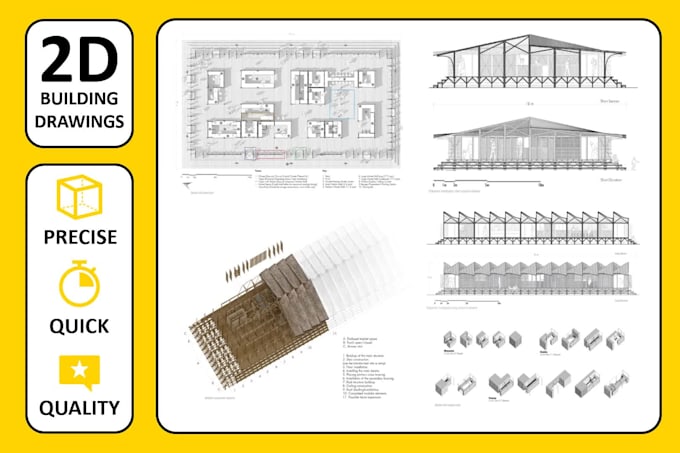 draft architectural floor plan, elevation and section