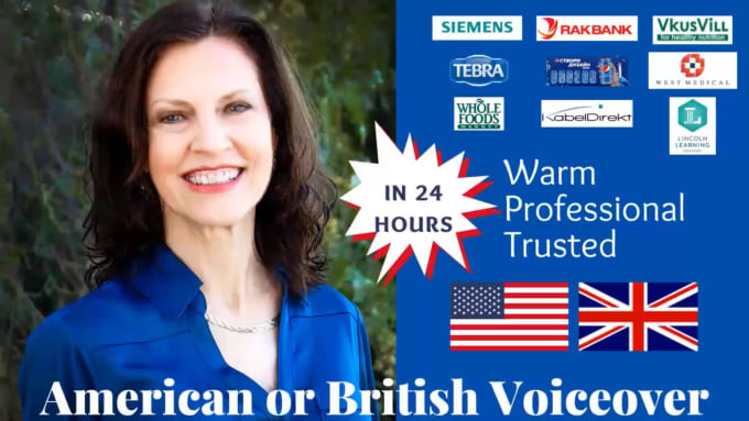 Top 10! I will record your female american or british voiceover in 24 hours