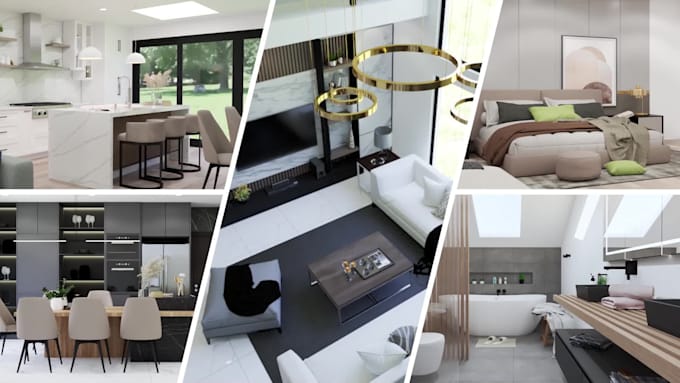 do 3d interior design of kitchen, bathroom, and living room
