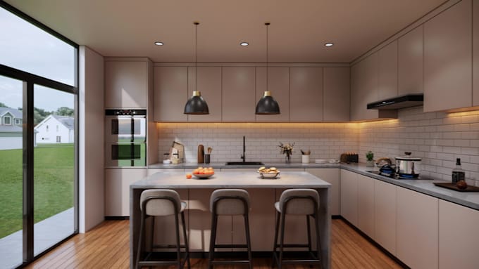 create a functional kitchen interior design ,rendering by an architect