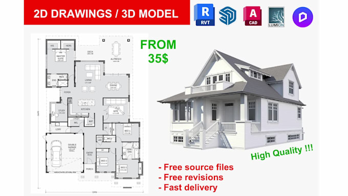 design 2d floor plan, architectural drawings in revit, autocad