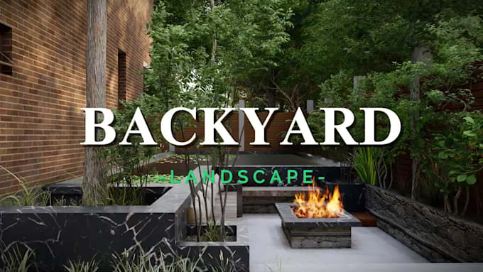 design backyard landscape, garden, patio, pool, outdoor kitchen and 3d render