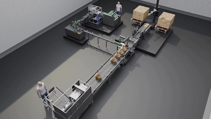 create realistic 3d industrial animation, factory production line animation