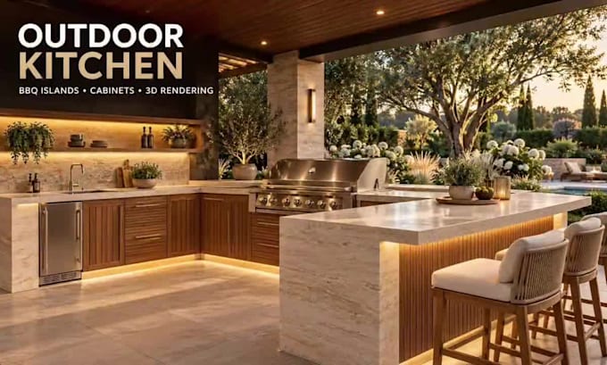 create 3d renders for outdoor kitchen cabinets and BBQ islands