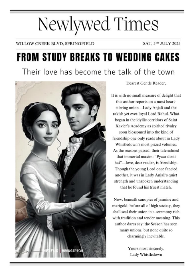 design a bridgerton style wedding newspaper
