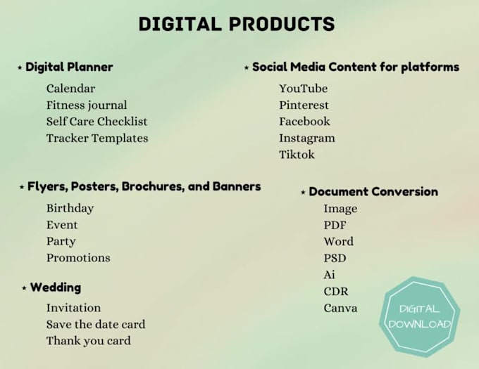 create digital printable editable downloadable file for you