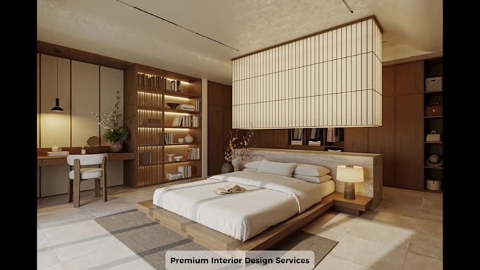 do modern 3d interior design and rendering for bedroom, dressing room, workplace