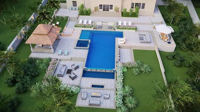design backyard front yard garden pool patio deck terrace 3d landscape rendering