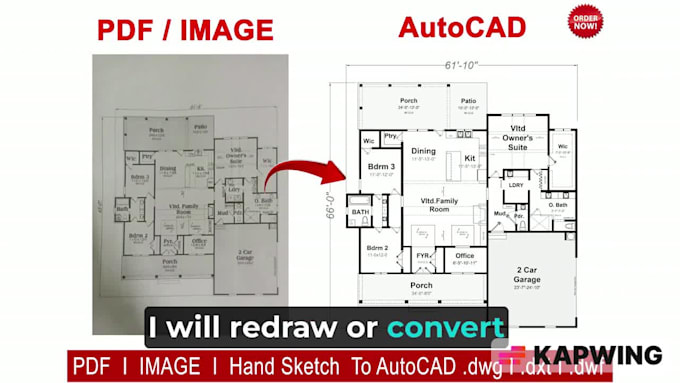 redraw 2d floor plan from PDF, image, or sketch to autocad dwg dxf and dwf