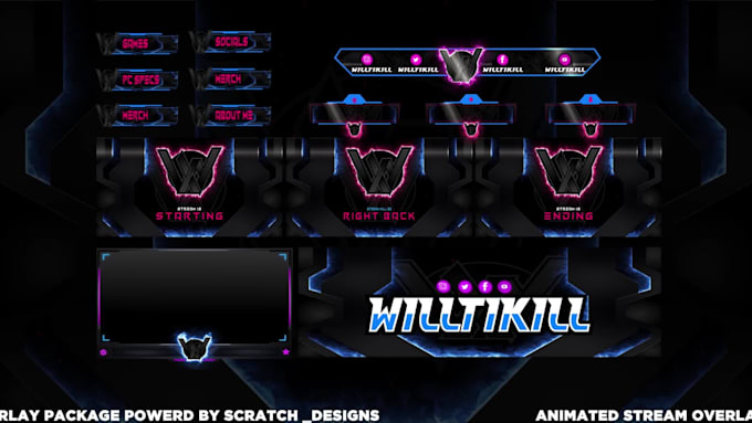 create animated twitch, kick overlay, logo, twitch, kick stream package