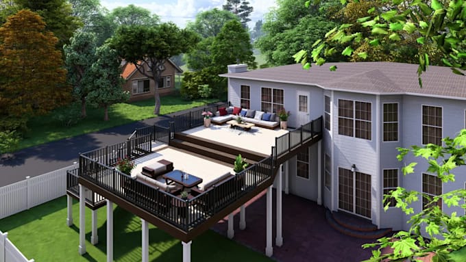 do 3d front backyard, outdoor deck, carport, garage, porch, landscape, courtyard