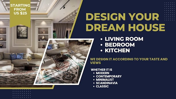 design your living room, bedroom, kitchen in modern style and render