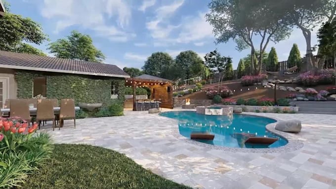 do 3d backyard landscape design with garden swimming pool patio pergola deck