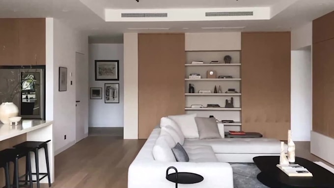 do apartment interior design for airbnb livingroom, bedroom, kitchen rendering