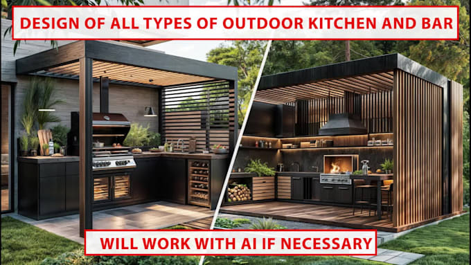 design and render a stunning 3d outdoor kitchen and bar with realism