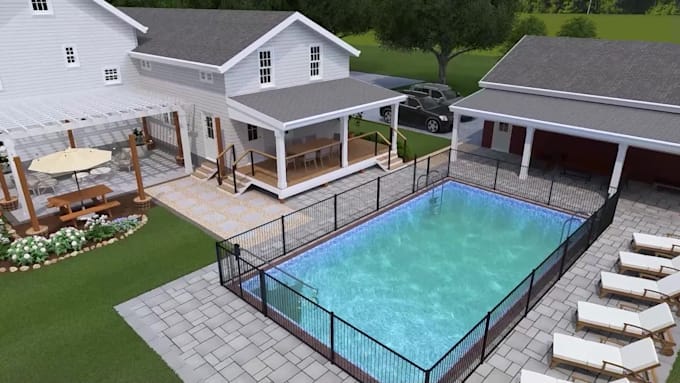 design landscape, backyard, pool, garden, deck, and patio