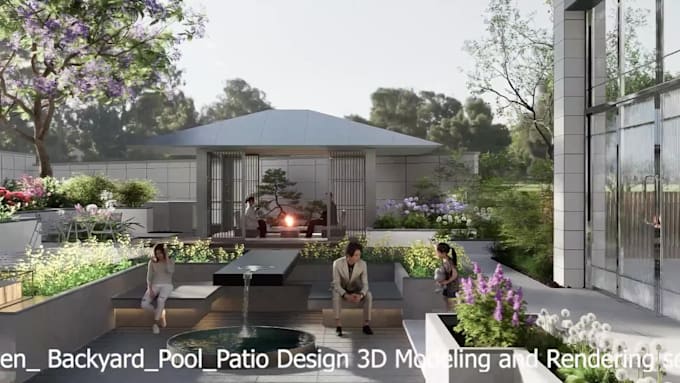 design garden, pool, patio, yard, terrace, and landscape 3d model and rendering