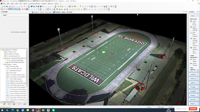 create dialux lighting simulations for american football and sports fields