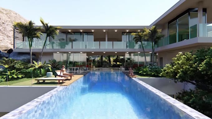 design and render 3d landscape modern backyard garden swimming pool patio