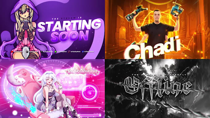 create animated starting soon screen, brb, offline  for twitch overlays youtube