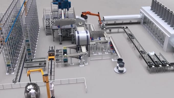 create 3d industrial animation robotic automated manufacturing production line