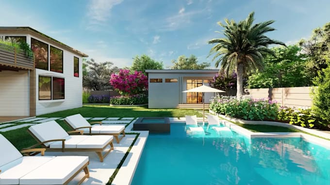 do 3d backyard landscape design with pool, patio and garden