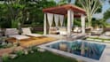 render 3d pool patio pergola gazebo cabana outdoor living, BBQ bar kitchen,souna