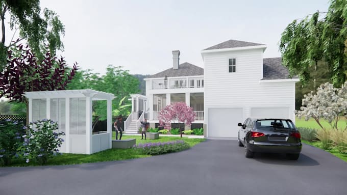 do exterior rendering, pool, porch by sketchup enscape