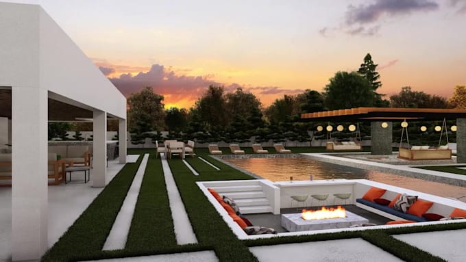 design landscape, backyard, frontyard, garden, patio, 3d rendering, hot tub