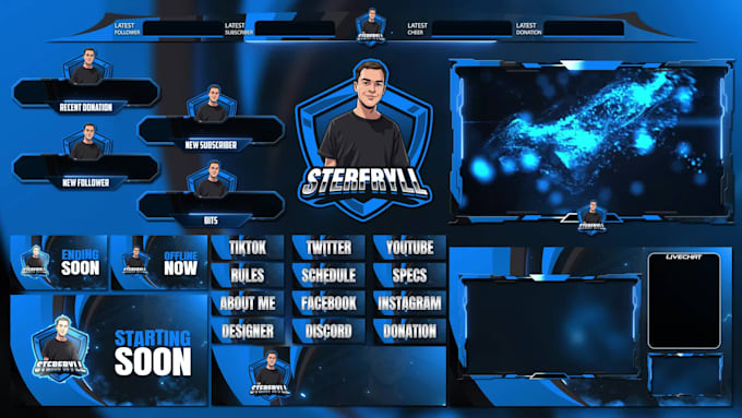 design gaming twitch stream logo, overlay, alerts, intro, starting, kick, obs