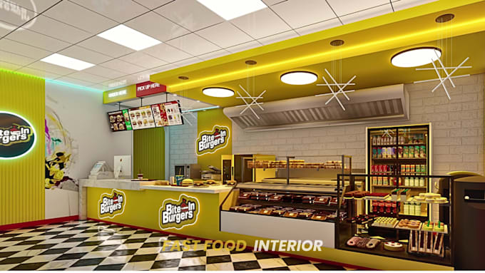 design modern restaurant, cafe, coffee shop, kiosk or food interior in 3d