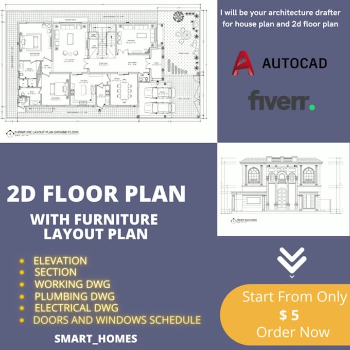 be your architectural draftsman for house plans, autocad 2d floor plan