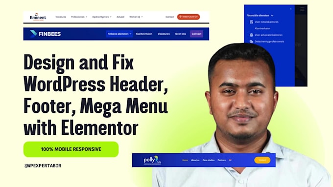 design and fix wordpress header, footer, mega menu with elementor, responsive